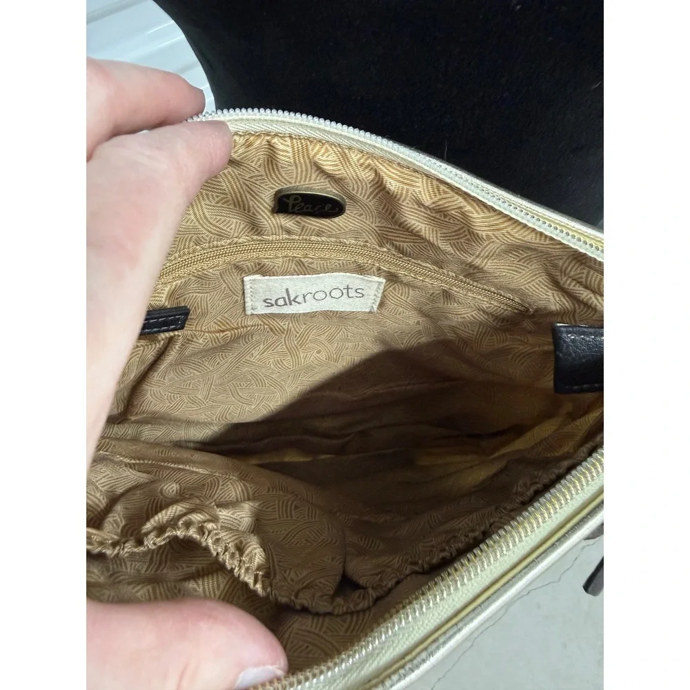 Sakroots Artist Circle Peace Print Bird Crossbody Bag Coated Canvas Cream Black